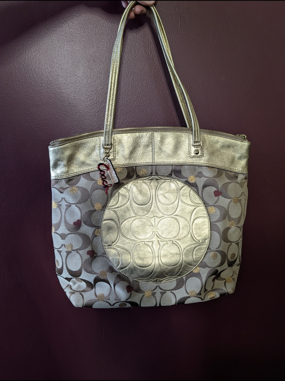 Coach Metallic Gold Signature C Circle Monogram Polka Dot Charm Tote Handbag
